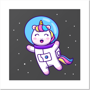 Cute Unicorn Astronaut Floating In Space Cartoon Posters and Art